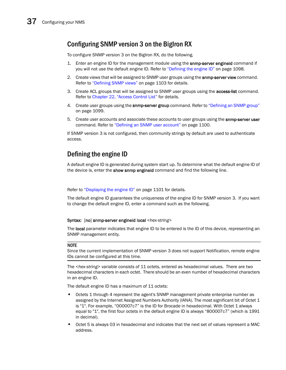 Configuring snmp version 3 on the bigiron rx, Defining the engine id | Brocade BigIron RX Series Configuration Guide User Manual | Page 1176 / 1550