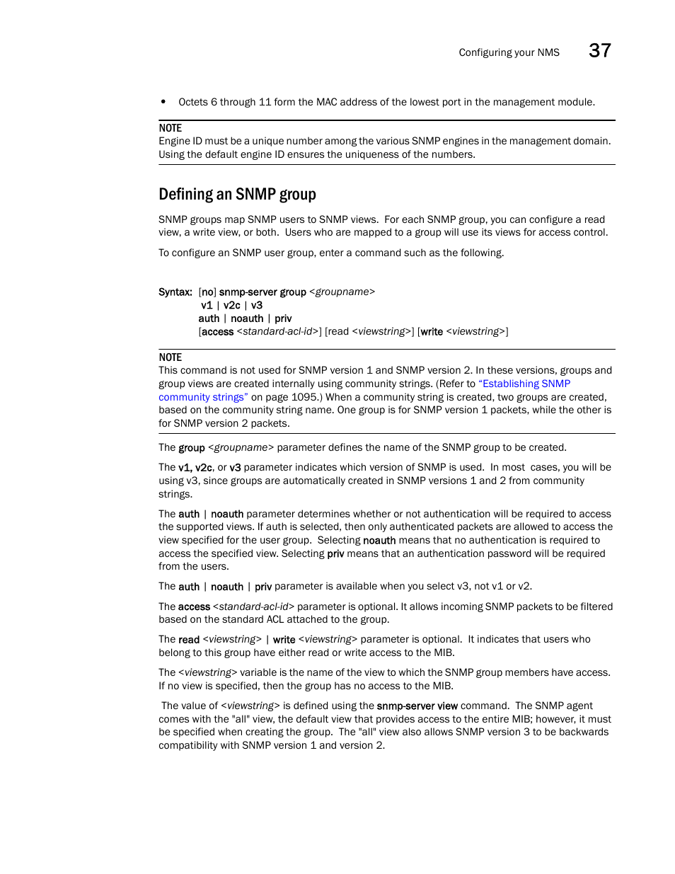 Defining an snmp group | Brocade BigIron RX Series Configuration Guide User Manual | Page 1177 / 1550