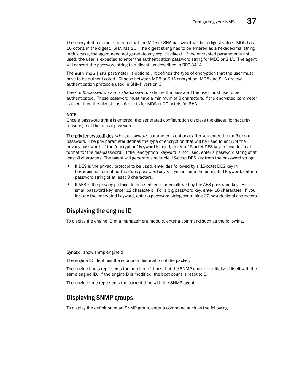 Displaying the engine id, Displaying snmp groups | Brocade BigIron RX Series Configuration Guide User Manual | Page 1179 / 1550