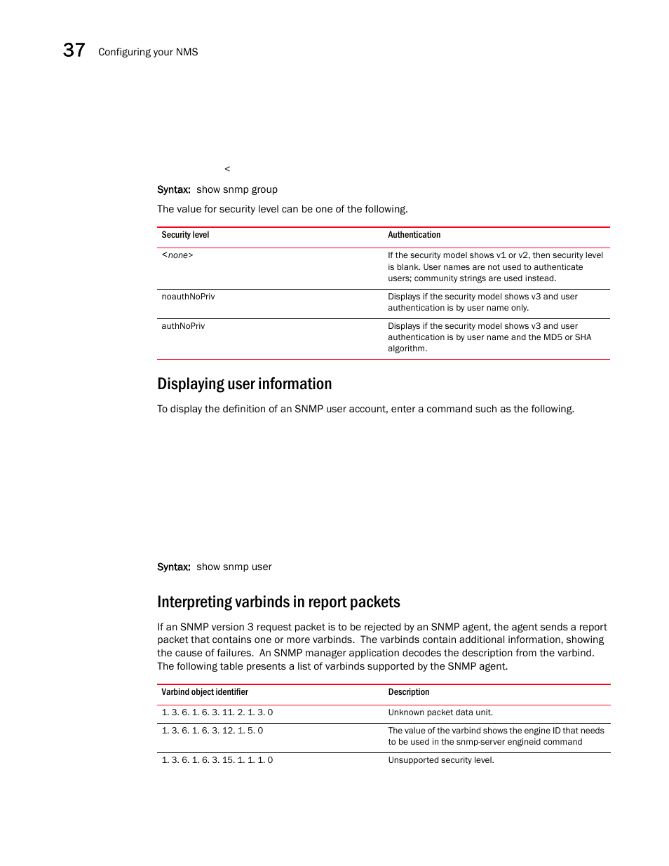 Displaying user information, Interpreting varbinds in report packets | Brocade BigIron RX Series Configuration Guide User Manual | Page 1180 / 1550