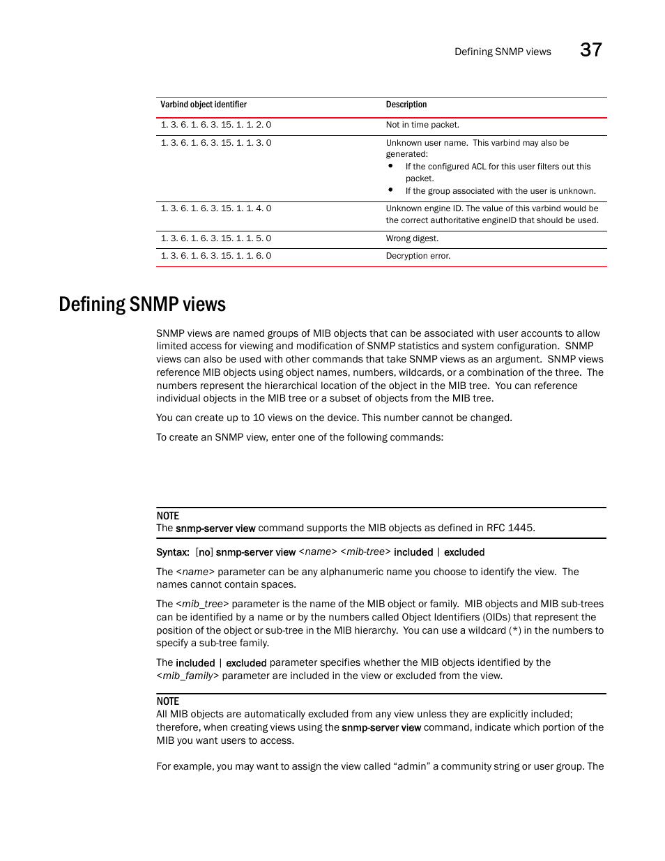 Defining snmp views, Defining snmp views 3, Defining snmp | Views | Brocade BigIron RX Series Configuration Guide User Manual | Page 1181 / 1550