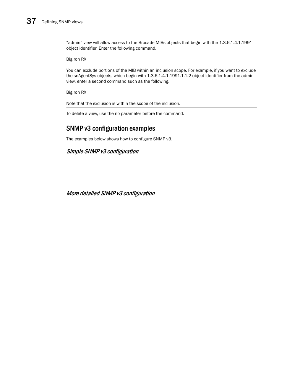 Snmp v3 configuration examples, Simple snmp v3 configuration, More detailed snmp v3 configuration | Brocade BigIron RX Series Configuration Guide User Manual | Page 1182 / 1550