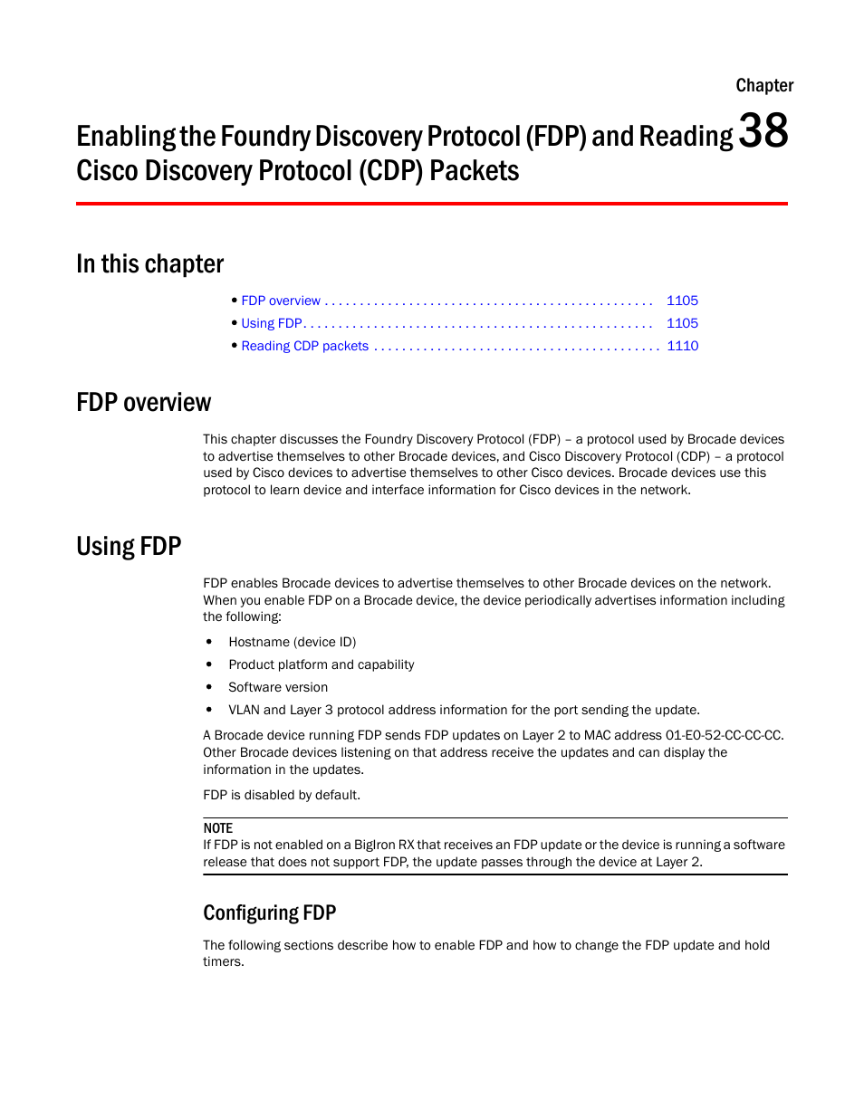 Fdp overview, Using fdp, Configuring fdp | Chapter 38, Discovery protocol (cdp) packets | Brocade BigIron RX Series Configuration Guide User Manual | Page 1183 / 1550