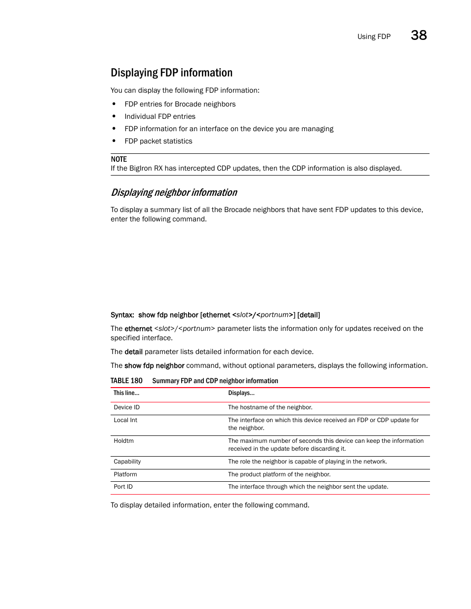 Displaying fdp information, Displaying neighbor information | Brocade BigIron RX Series Configuration Guide User Manual | Page 1185 / 1550