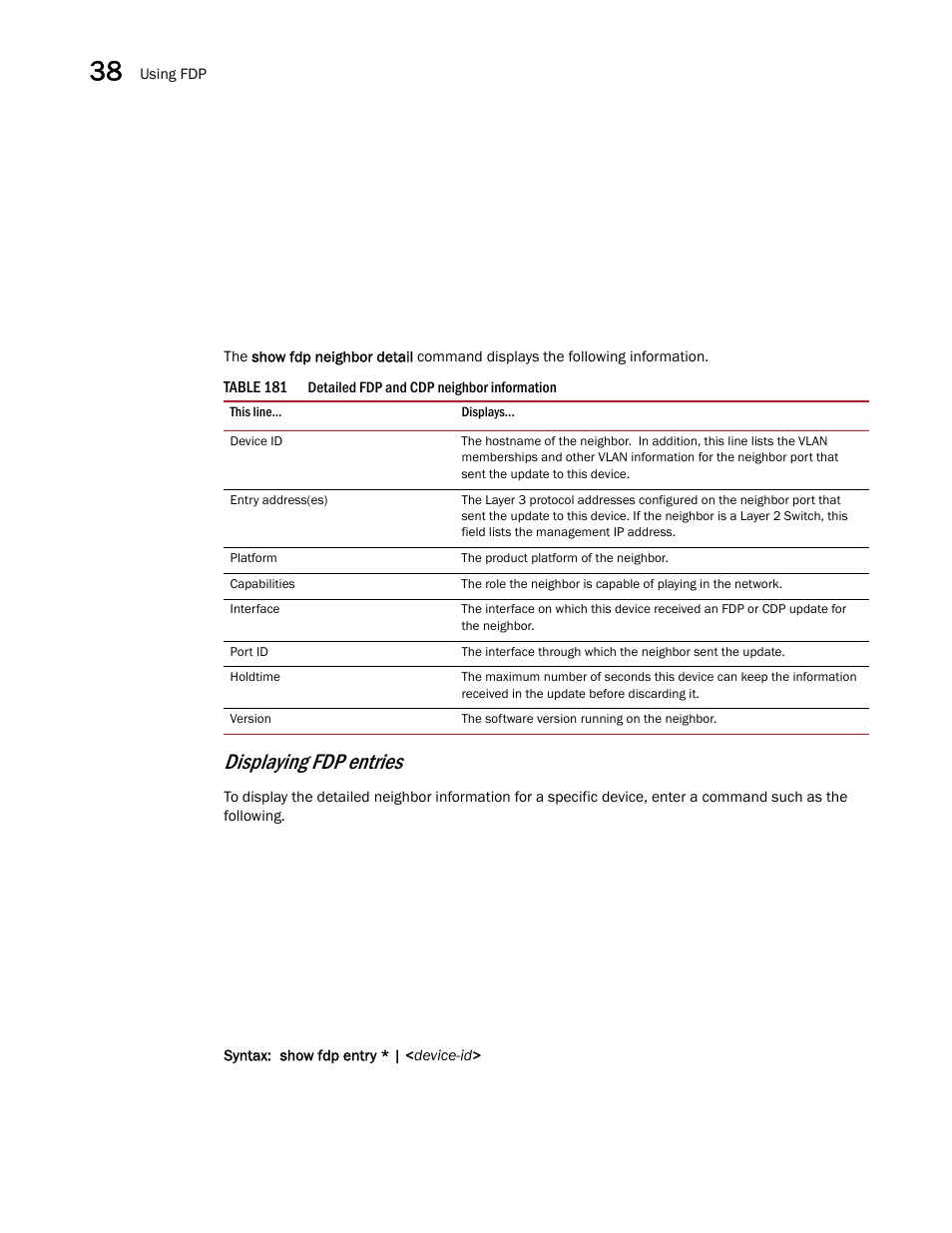 Displaying fdp entries | Brocade BigIron RX Series Configuration Guide User Manual | Page 1186 / 1550