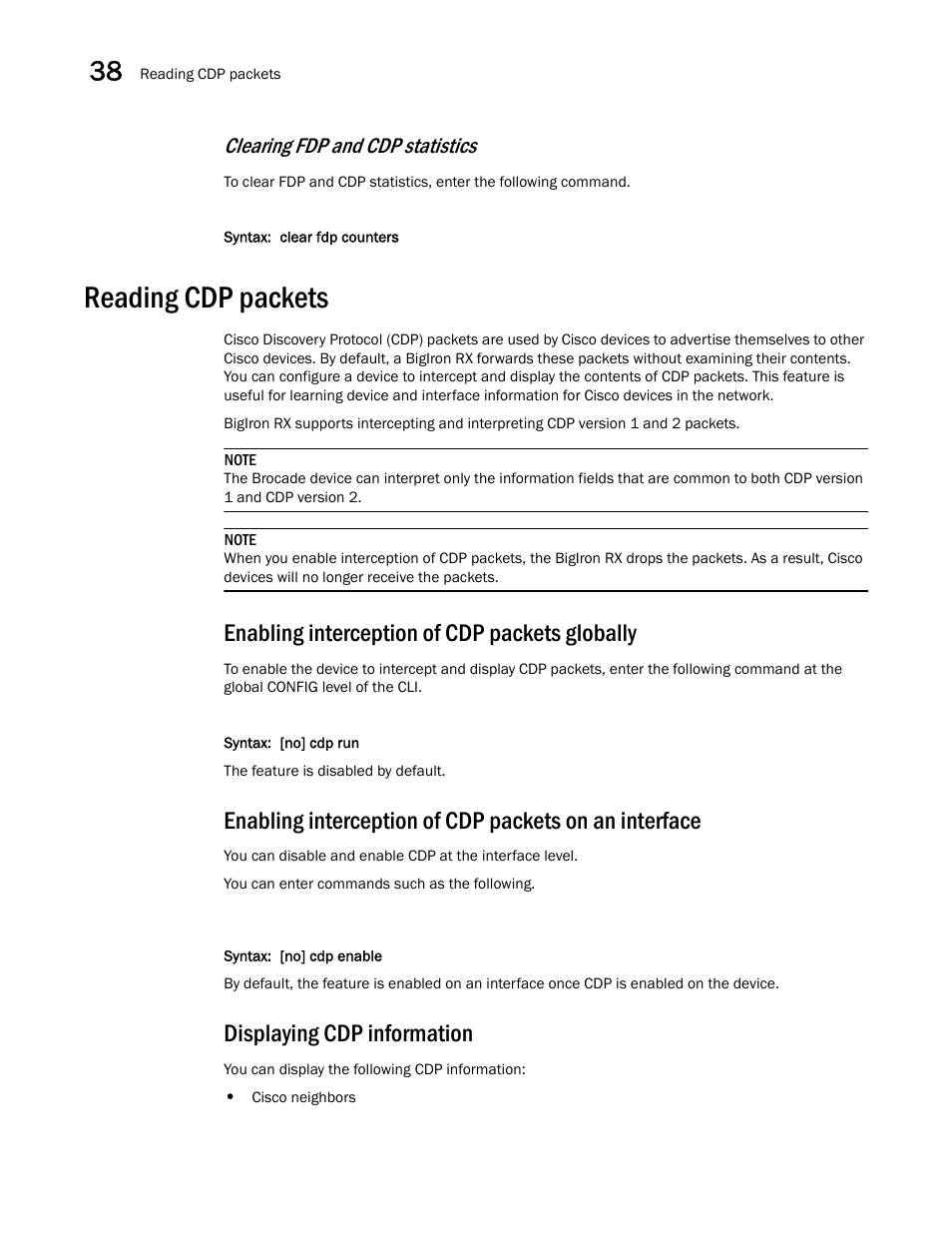 Reading cdp packets, Enabling interception of cdp packets globally, Displaying cdp information | Clearing fdp and cdp statistics | Brocade BigIron RX Series Configuration Guide User Manual | Page 1188 / 1550