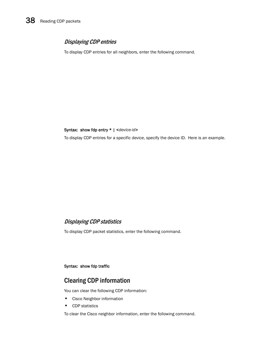 Clearing cdp information, Displaying cdp entries, Displaying cdp statistics | Brocade BigIron RX Series Configuration Guide User Manual | Page 1190 / 1550