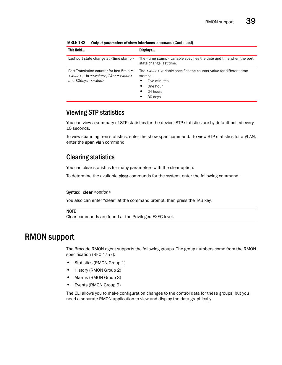 Viewing stp statistics, Clearing statistics, Rmon support | Brocade BigIron RX Series Configuration Guide User Manual | Page 1197 / 1550