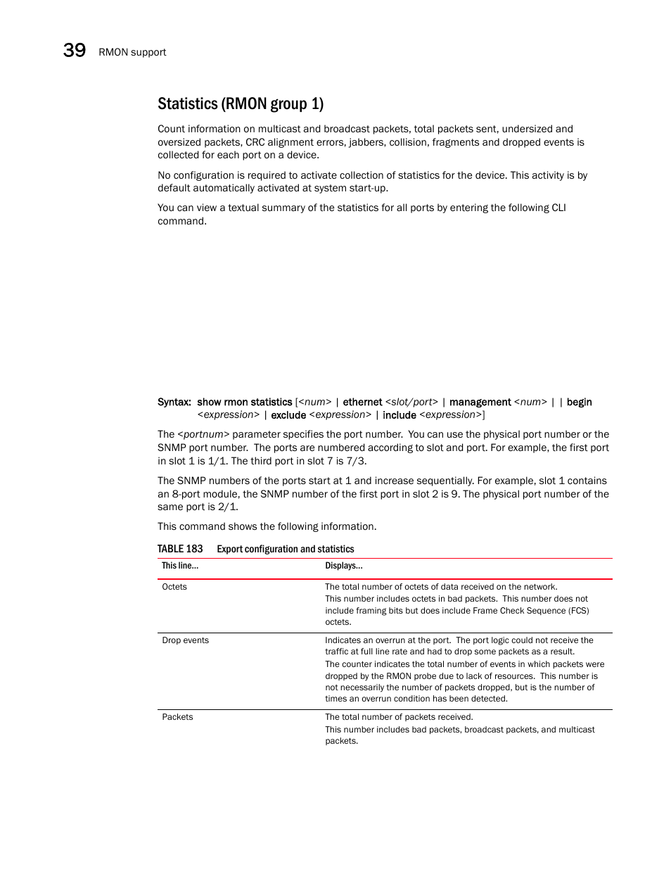 Statistics (rmon group 1) | Brocade BigIron RX Series Configuration Guide User Manual | Page 1198 / 1550