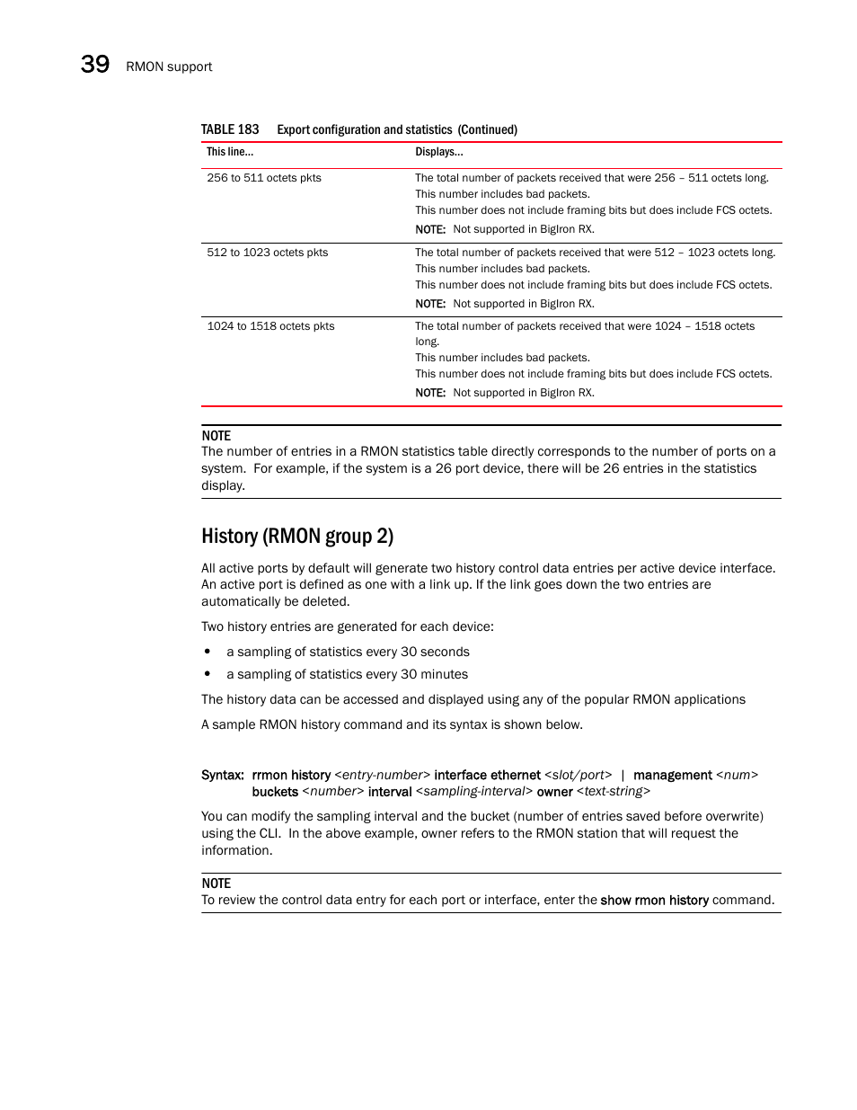 History (rmon group 2) | Brocade BigIron RX Series Configuration Guide User Manual | Page 1200 / 1550