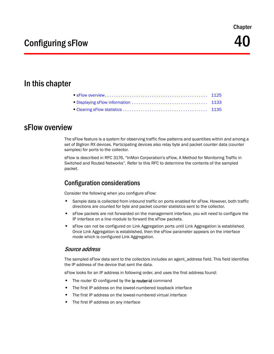 Configuring sflow, Sflow overview, Configuration considerations | Chapter 40, Configuring, Sflow, Source address | Brocade BigIron RX Series Configuration Guide User Manual | Page 1203 / 1550