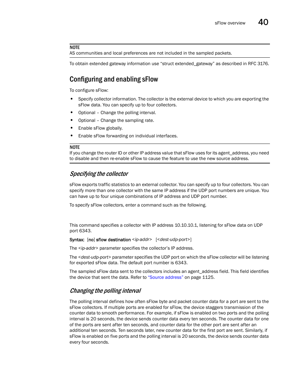 Configuring and enabling sflow, Specifying the collector, Changing the polling interval | Brocade BigIron RX Series Configuration Guide User Manual | Page 1205 / 1550