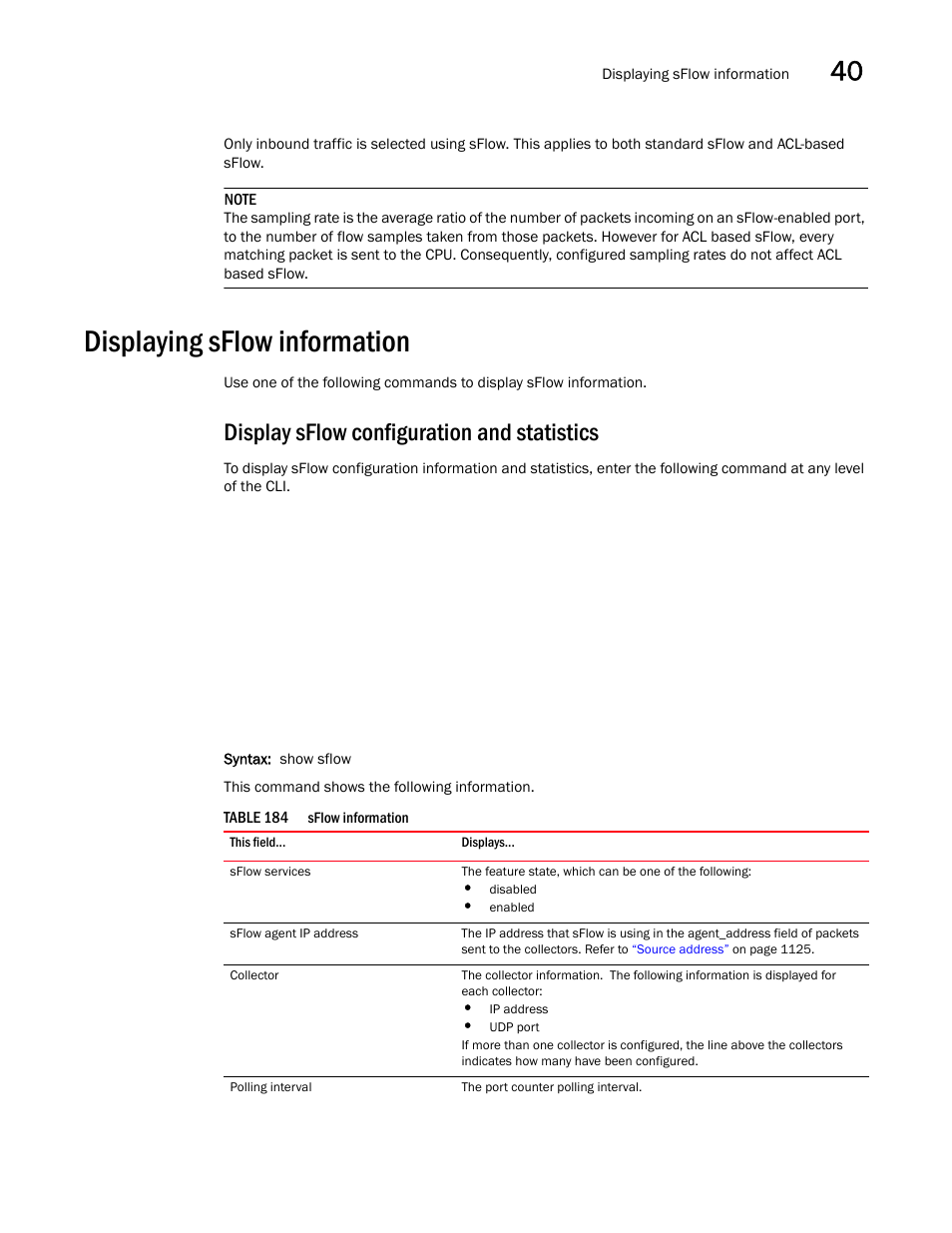 Displaying sflow information, Display sflow configuration and statistics | Brocade BigIron RX Series Configuration Guide User Manual | Page 1211 / 1550