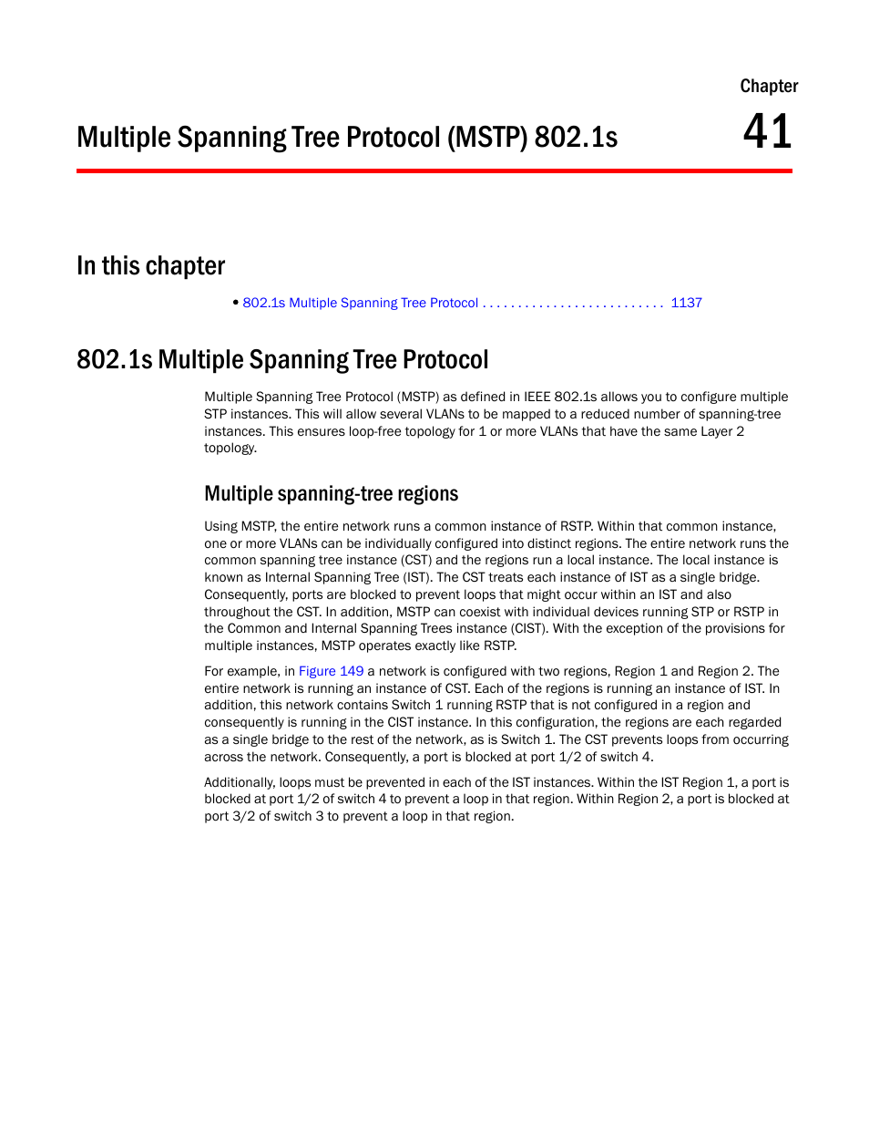 Multiple spanning tree protocol (mstp) 802.1s, 1s multiple spanning tree protocol, Multiple spanning-tree regions | Chapter 41, Multiple spanning tree, Protocol (mstp) 802.1s, Multiple, Spanning tree protocol (mstp) 802.1s | Brocade BigIron RX Series Configuration Guide User Manual | Page 1215 / 1550