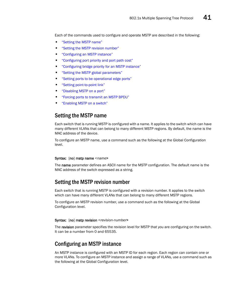 Setting the mstp name, Setting the mstp revision number, Configuring an mstp instance | Configuring an, Mstp instance | Brocade BigIron RX Series Configuration Guide User Manual | Page 1217 / 1550