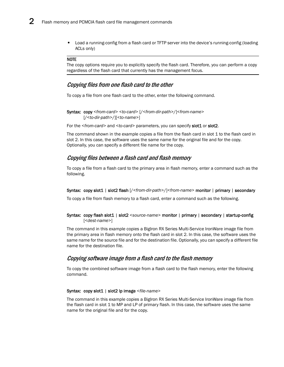 Copying software image, From a flash card to the flash memory, Copying files from one flash card to the other | Brocade BigIron RX Series Configuration Guide User Manual | Page 122 / 1550