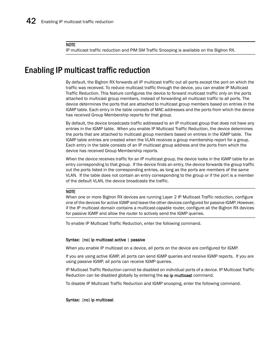 Enabling ip multicast traffic reduction, Enabling ip, Multicast traffic reduction | Enabling ip multicast traffic reduction 2 | Brocade BigIron RX Series Configuration Guide User Manual | Page 1230 / 1550