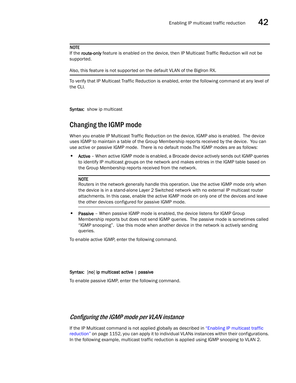 Changing the igmp mode, Configuring the igmp mode per vlan instance | Brocade BigIron RX Series Configuration Guide User Manual | Page 1231 / 1550