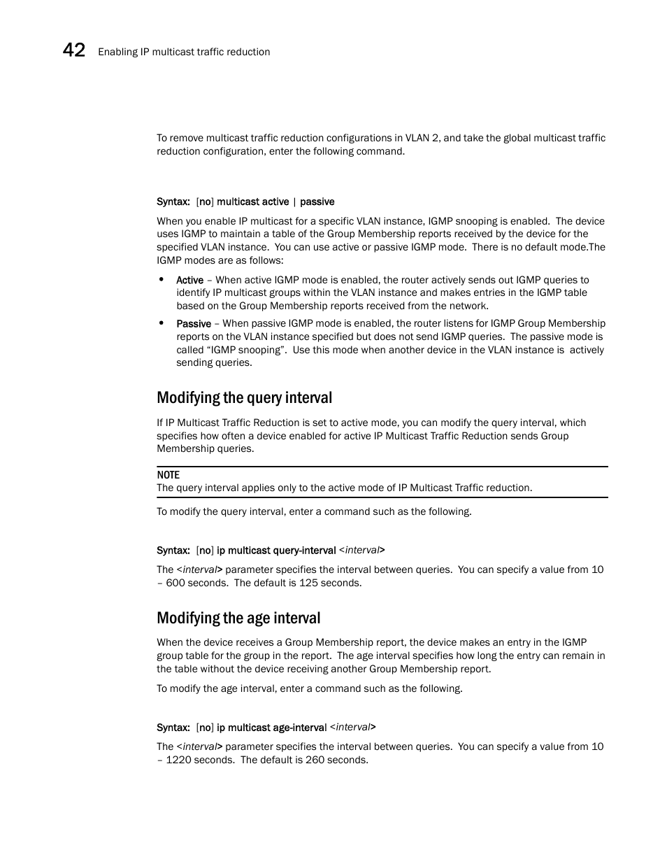 Modifying the query interval, Modifying the age interval | Brocade BigIron RX Series Configuration Guide User Manual | Page 1232 / 1550