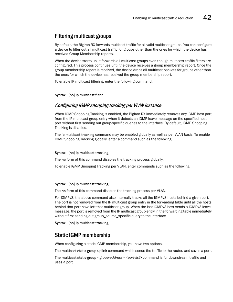 Filtering multicast groups, Static igmp membership | Brocade BigIron RX Series Configuration Guide User Manual | Page 1233 / 1550