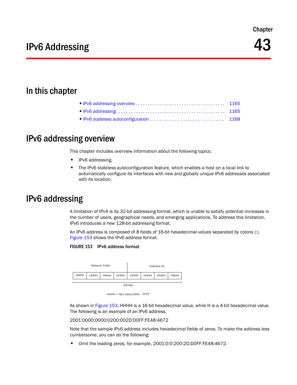 Ipv6 addressing, Ipv6 addressing overview, Chapter 43 | Chapter | Brocade BigIron RX Series Configuration Guide User Manual | Page 1243 / 1550