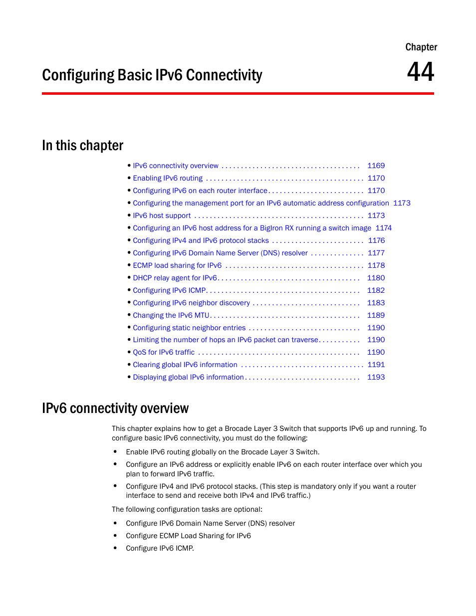Configuring basic ipv6 connectivity, Ipv6 connectivity overview, Chapter 44 | Configuring, Basic ipv6 connectivity, Configuring basic, Ipv6 connectivity | Brocade BigIron RX Series Configuration Guide User Manual | Page 1247 / 1550