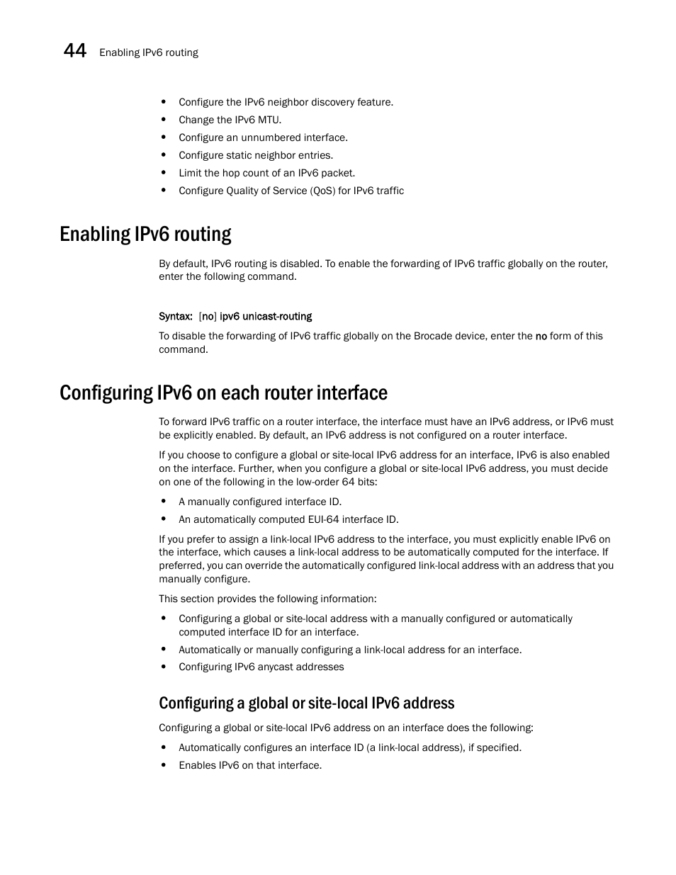 Enabling ipv6 routing, Configuring ipv6 on each router interface, Configuring a global or site-local ipv6 address | Enabling ipv6 routing 0, Configuring ipv6 on each router interface 0 | Brocade BigIron RX Series Configuration Guide User Manual | Page 1248 / 1550