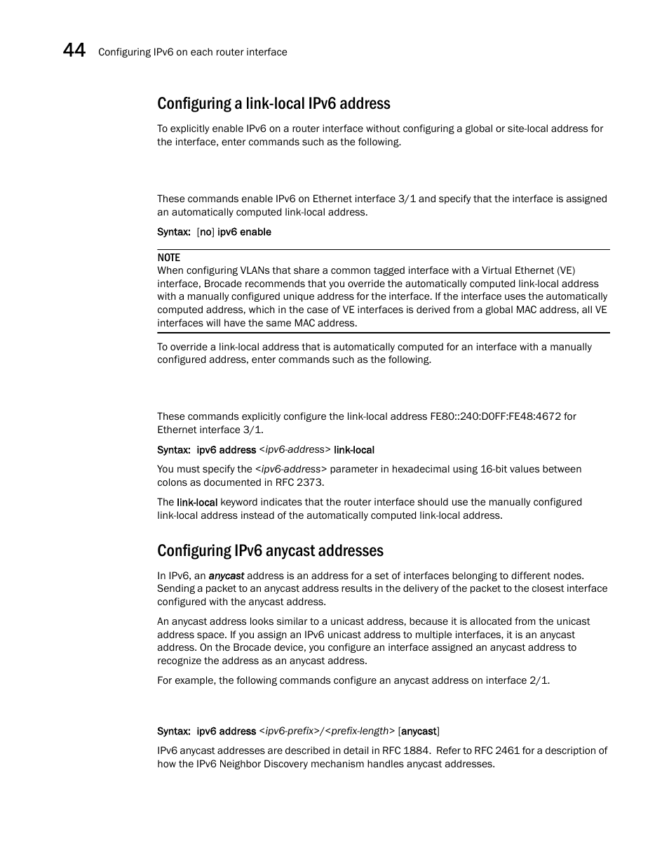 Configuring a link-local ipv6 address, Configuring ipv6 anycast addresses | Brocade BigIron RX Series Configuration Guide User Manual | Page 1250 / 1550