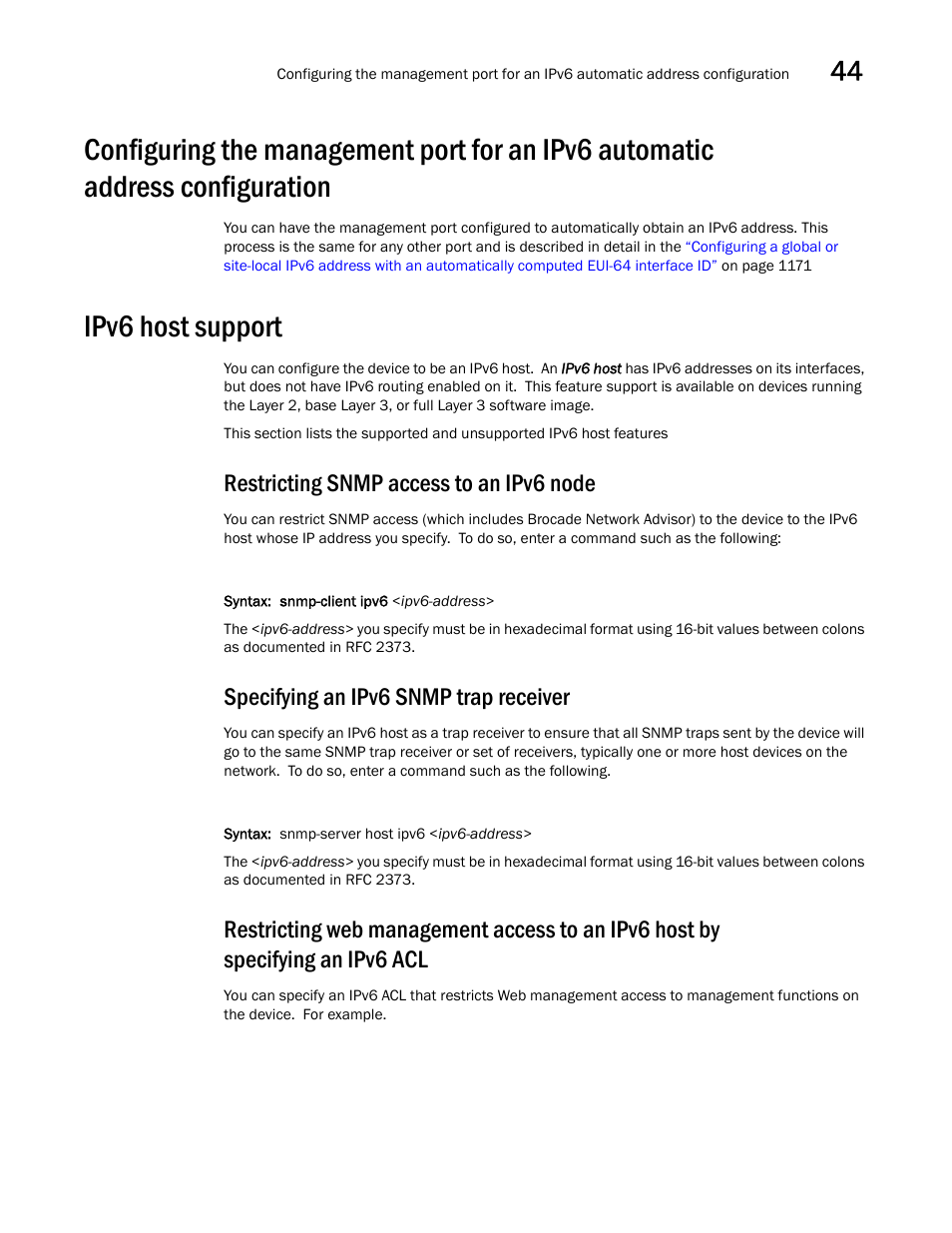 Ipv6 host support, Restricting snmp access to an ipv6 node, Specifying an ipv6 snmp trap receiver | Ipv6 host support 3 | Brocade BigIron RX Series Configuration Guide User Manual | Page 1251 / 1550