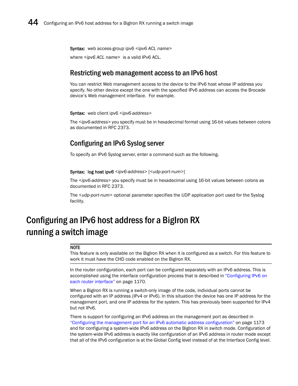 Restricting web management access to an ipv6 host, Configuring an ipv6 syslog server | Brocade BigIron RX Series Configuration Guide User Manual | Page 1252 / 1550