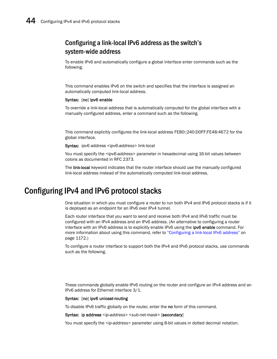 Configuring ipv4 and ipv6 protocol stacks, Configuring ipv4 and ipv6 protocol stacks 6 | Brocade BigIron RX Series Configuration Guide User Manual | Page 1254 / 1550