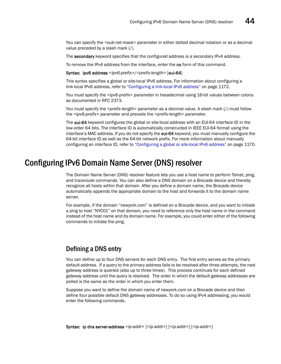 Configuring ipv6 domain name server (dns) resolver, Defining a dns entry | Brocade BigIron RX Series Configuration Guide User Manual | Page 1255 / 1550