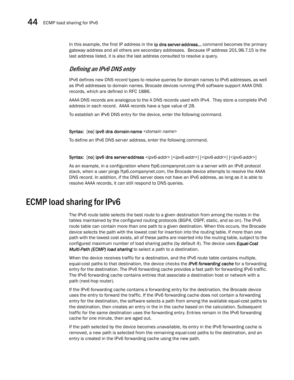 Ecmp load sharing for ipv6, Ecmp load, Sharing for ipv6 | Ecmp load sharing for ipv6 8, Defining an ipv6 dns entry | Brocade BigIron RX Series Configuration Guide User Manual | Page 1256 / 1550