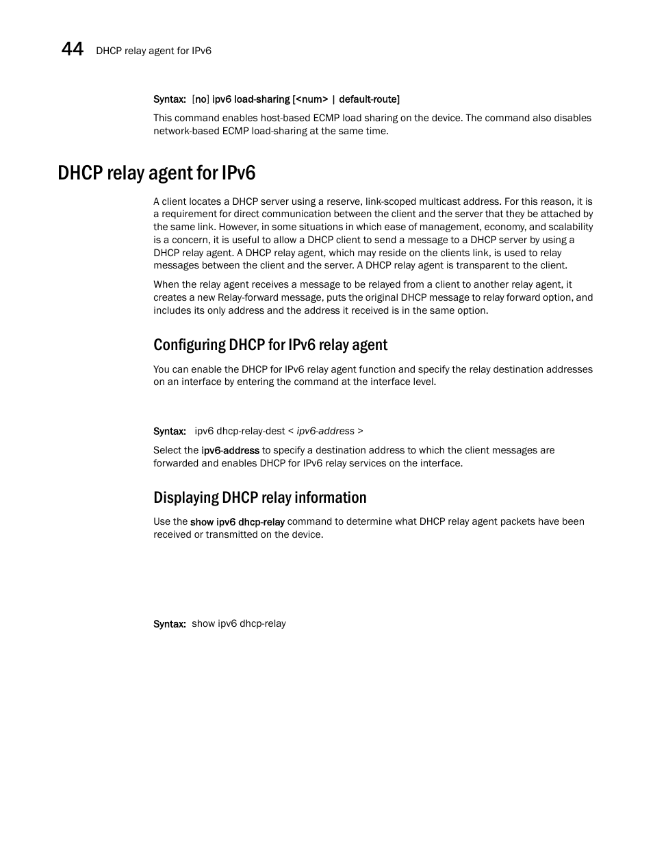 Dhcp relay agent for ipv6, Configuring dhcp for ipv6 relay agent, Displaying dhcp relay information | Dhcp relay agent for ipv6 0 | Brocade BigIron RX Series Configuration Guide User Manual | Page 1258 / 1550