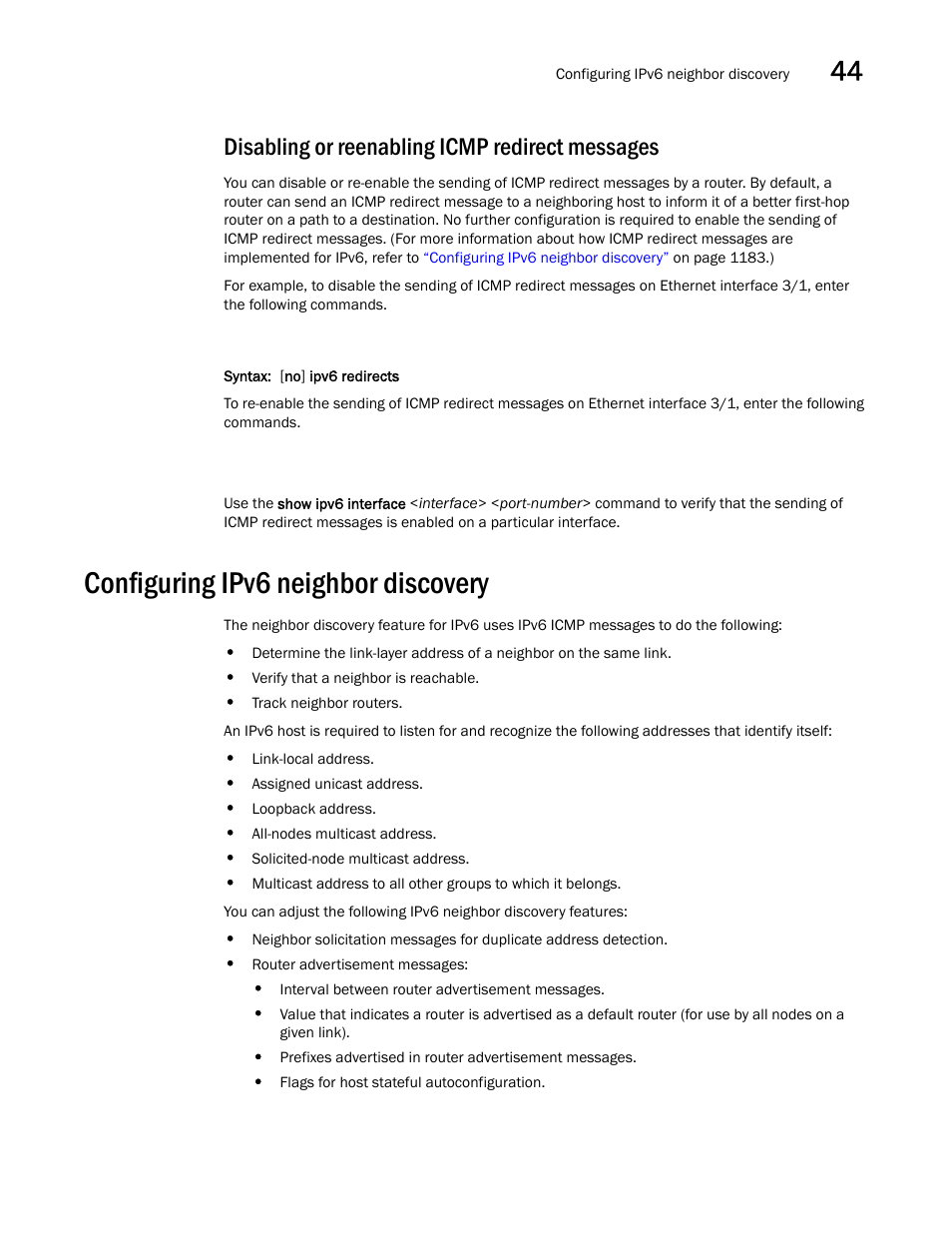 Disabling or reenabling icmp redirect messages, Configuring ipv6 neighbor discovery, Configuring ipv6 neighbor discovery 3 | Brocade BigIron RX Series Configuration Guide User Manual | Page 1261 / 1550