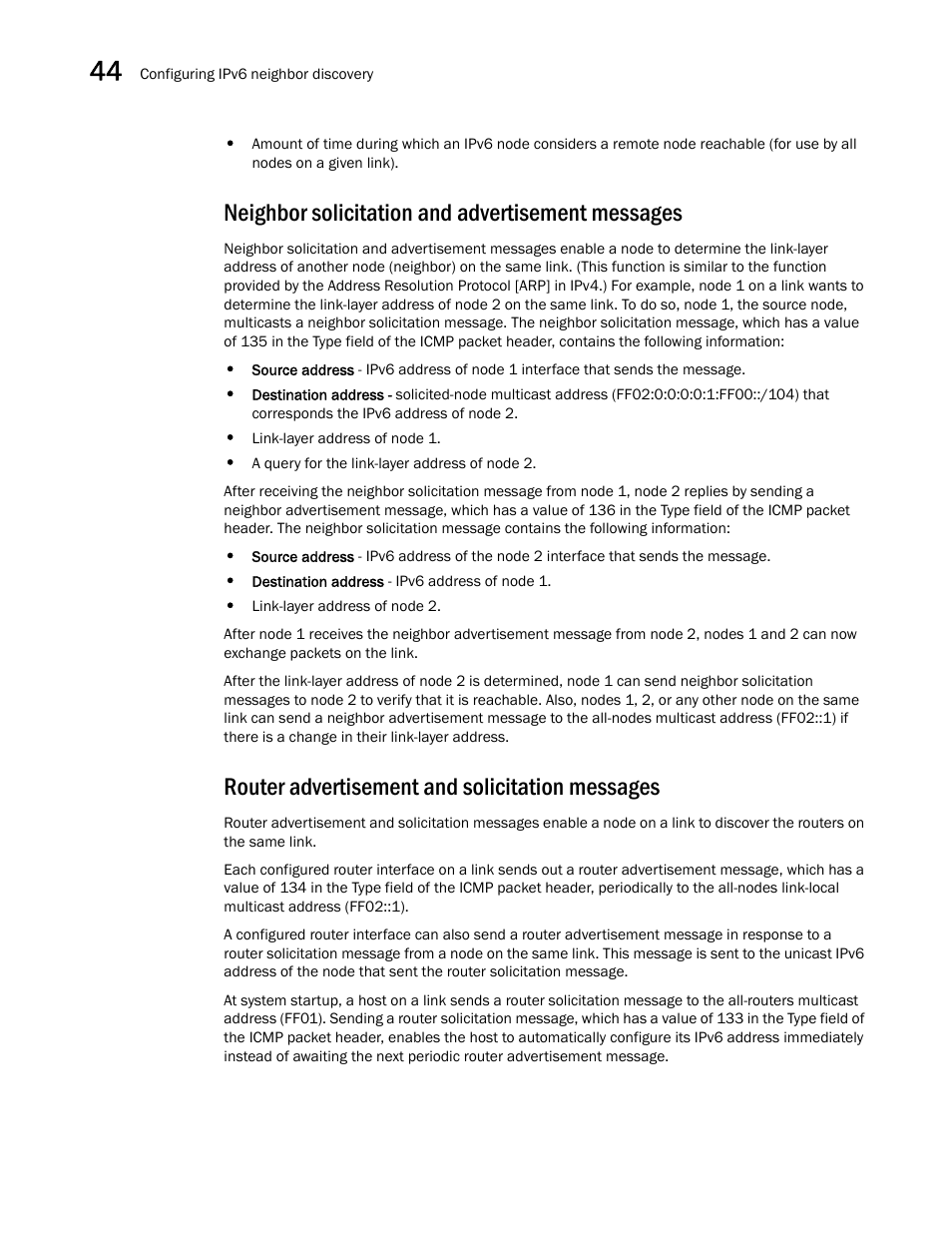 Neighbor solicitation and advertisement messages, Router advertisement and solicitation messages | Brocade BigIron RX Series Configuration Guide User Manual | Page 1262 / 1550