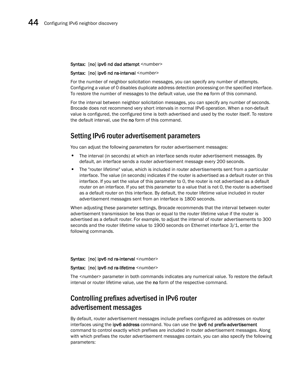 Setting ipv6 router advertisement parameters, Setting ipv6 router, Advertisement parameters | Brocade BigIron RX Series Configuration Guide User Manual | Page 1264 / 1550