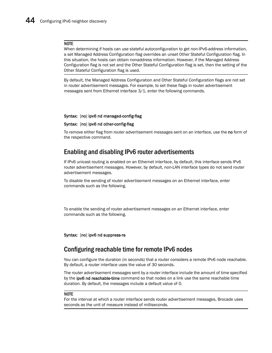 Enabling and disabling ipv6 router advertisements, Configuring reachable time for remote ipv6 nodes | Brocade BigIron RX Series Configuration Guide User Manual | Page 1266 / 1550