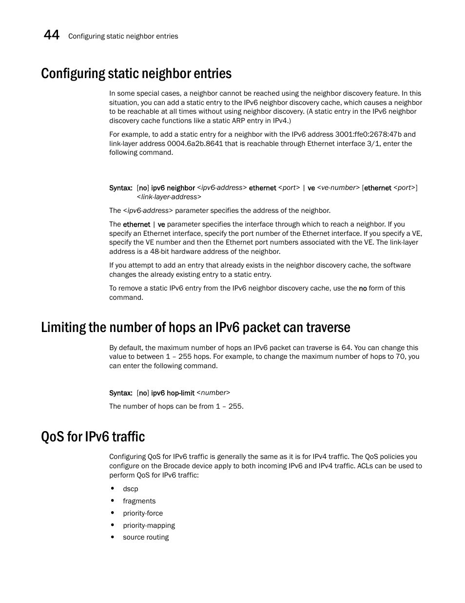 Configuring static neighbor entries, Qos for ipv6 traffic, Configuring static neighbor entries 0 | Qos for ipv6 traffic 0 | Brocade BigIron RX Series Configuration Guide User Manual | Page 1268 / 1550