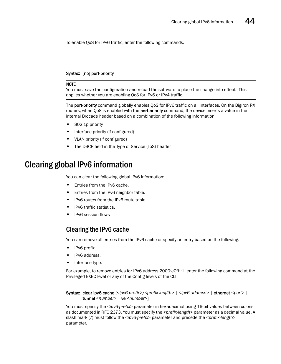 Clearing global ipv6 information, Clearing the ipv6 cache, Clearing global ipv6 information 1 | Brocade BigIron RX Series Configuration Guide User Manual | Page 1269 / 1550