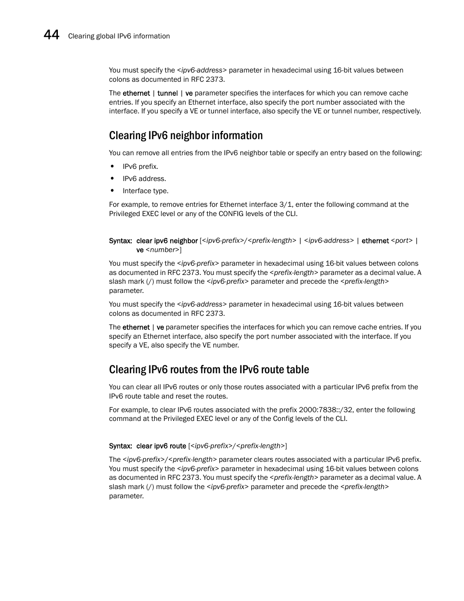 Clearing ipv6 neighbor information, Clearing ipv6 routes from the ipv6 route table | Brocade BigIron RX Series Configuration Guide User Manual | Page 1270 / 1550