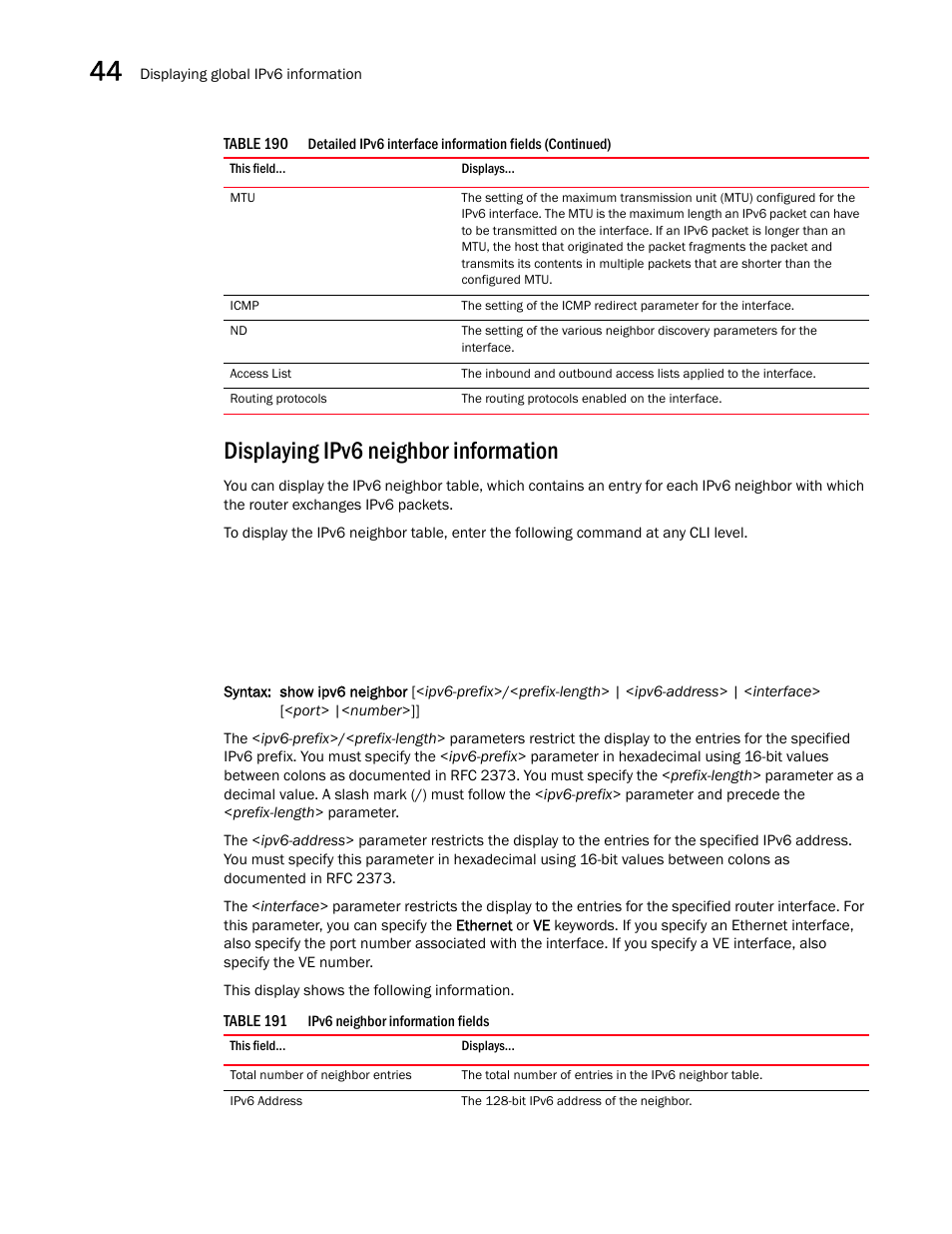 Displaying ipv6 neighbor information | Brocade BigIron RX Series Configuration Guide User Manual | Page 1274 / 1550