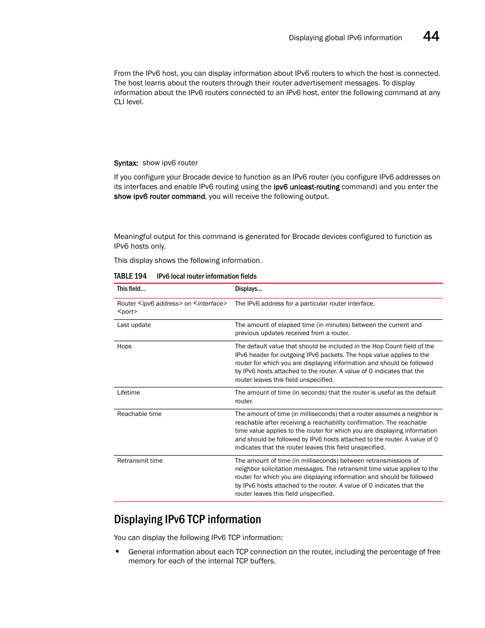 Displaying ipv6 tcp information | Brocade BigIron RX Series Configuration Guide User Manual | Page 1277 / 1550