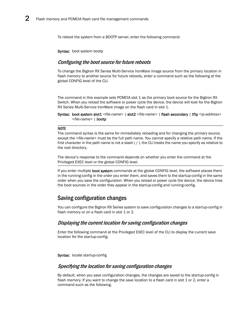 Saving configuration changes, Configuring the boot source for future reboots | Brocade BigIron RX Series Configuration Guide User Manual | Page 128 / 1550