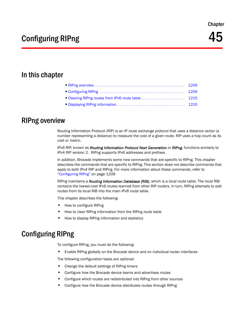 Configuring ripng, Ripng overview, Chapter 45 | Configuring, Ripng | Brocade BigIron RX Series Configuration Guide User Manual | Page 1287 / 1550