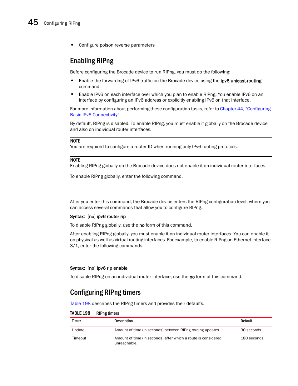 Enabling ripng, Configuring ripng timers | Brocade BigIron RX Series Configuration Guide User Manual | Page 1288 / 1550