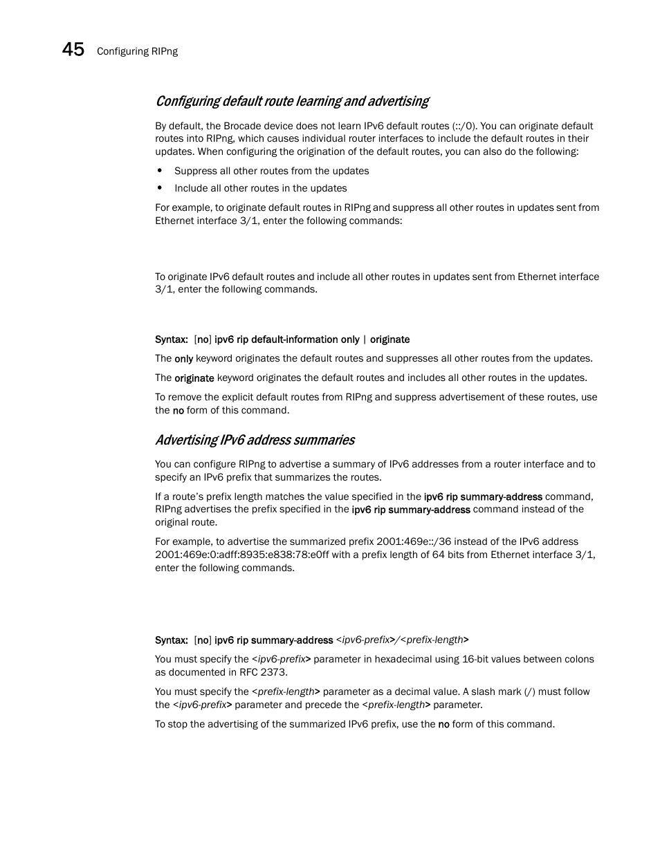 Configuring default route learning and advertising, Advertising ipv6 address summaries | Brocade BigIron RX Series Configuration Guide User Manual | Page 1290 / 1550