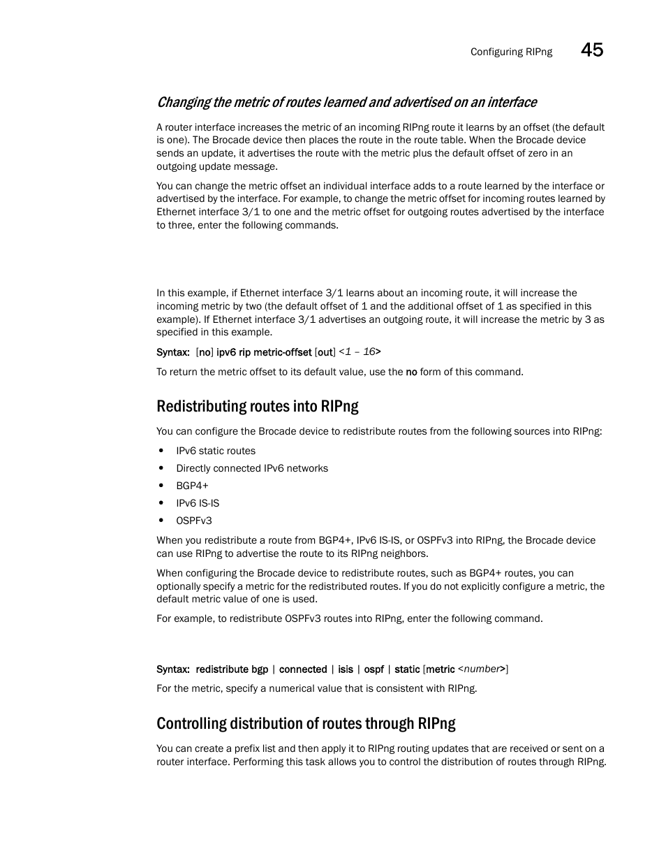 Redistributing routes into ripng, Controlling distribution of routes through ripng | Brocade BigIron RX Series Configuration Guide User Manual | Page 1291 / 1550