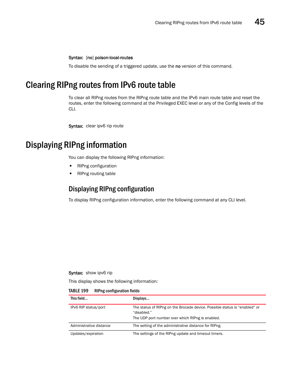 Clearing ripng routes from ipv6 route table, Displaying ripng information, Displaying ripng configuration | Clearing ripng routes from ipv6 route table 5, Displaying ripng information 5 | Brocade BigIron RX Series Configuration Guide User Manual | Page 1293 / 1550