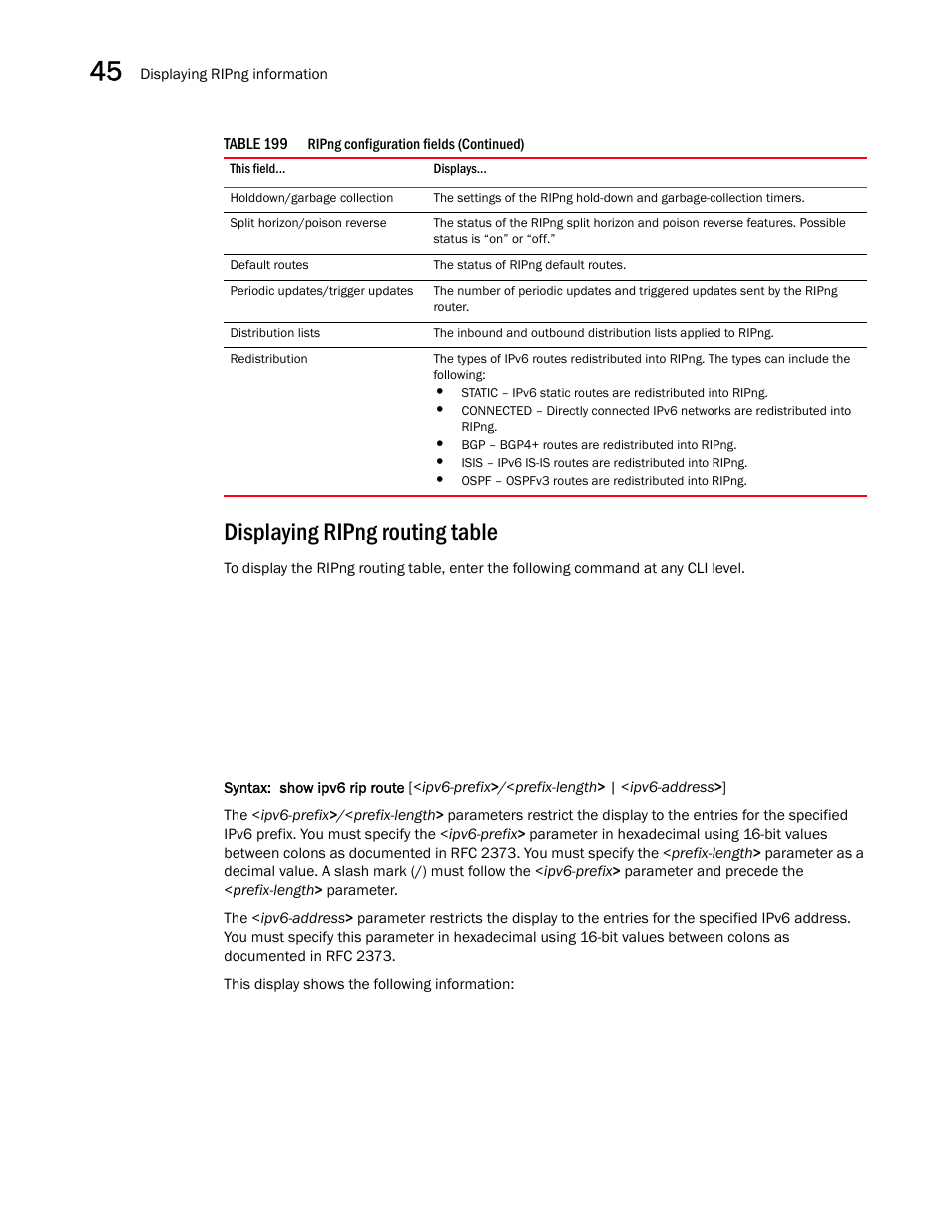Displaying ripng routing table | Brocade BigIron RX Series Configuration Guide User Manual | Page 1294 / 1550